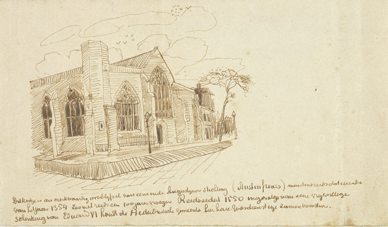 伦敦奥斯汀修道士教堂的素描图，附在梵高寄给陌生人的书信中，1873-1874。